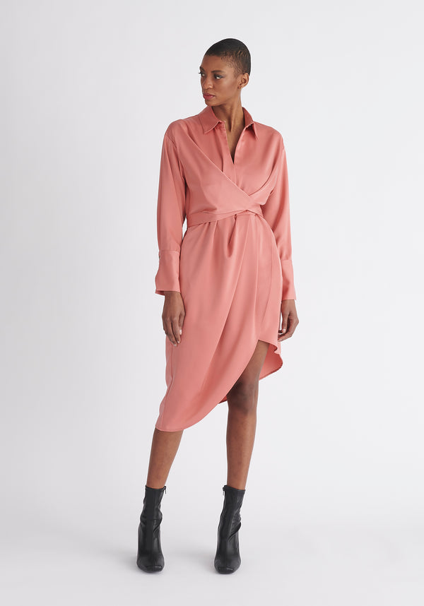 Paisie Asymmetric Hem Shirt Dress in Coral Pink
